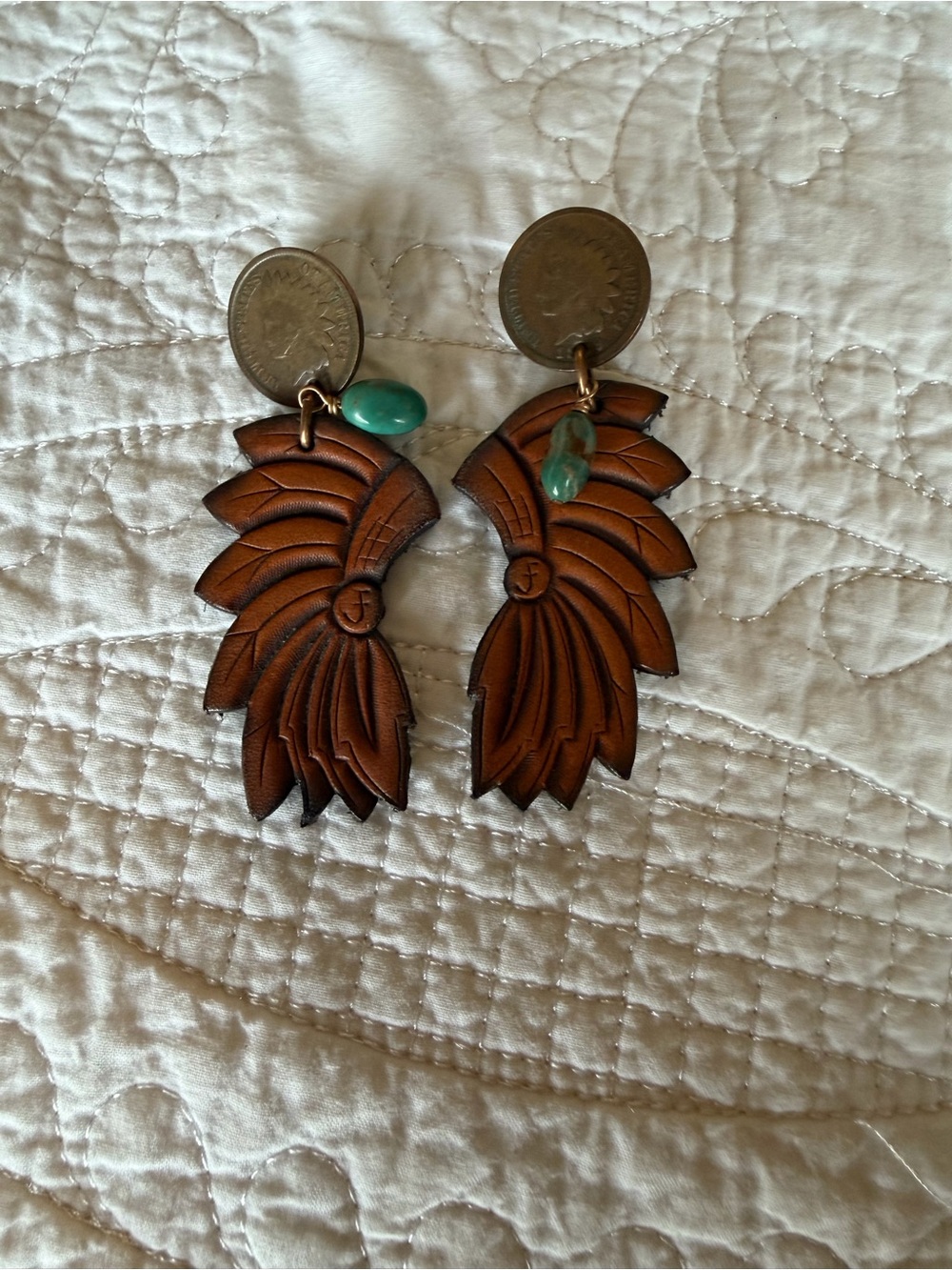 Handcrafted Brown Leather Feather Drop Earrings with Turquoise Accent Jforks